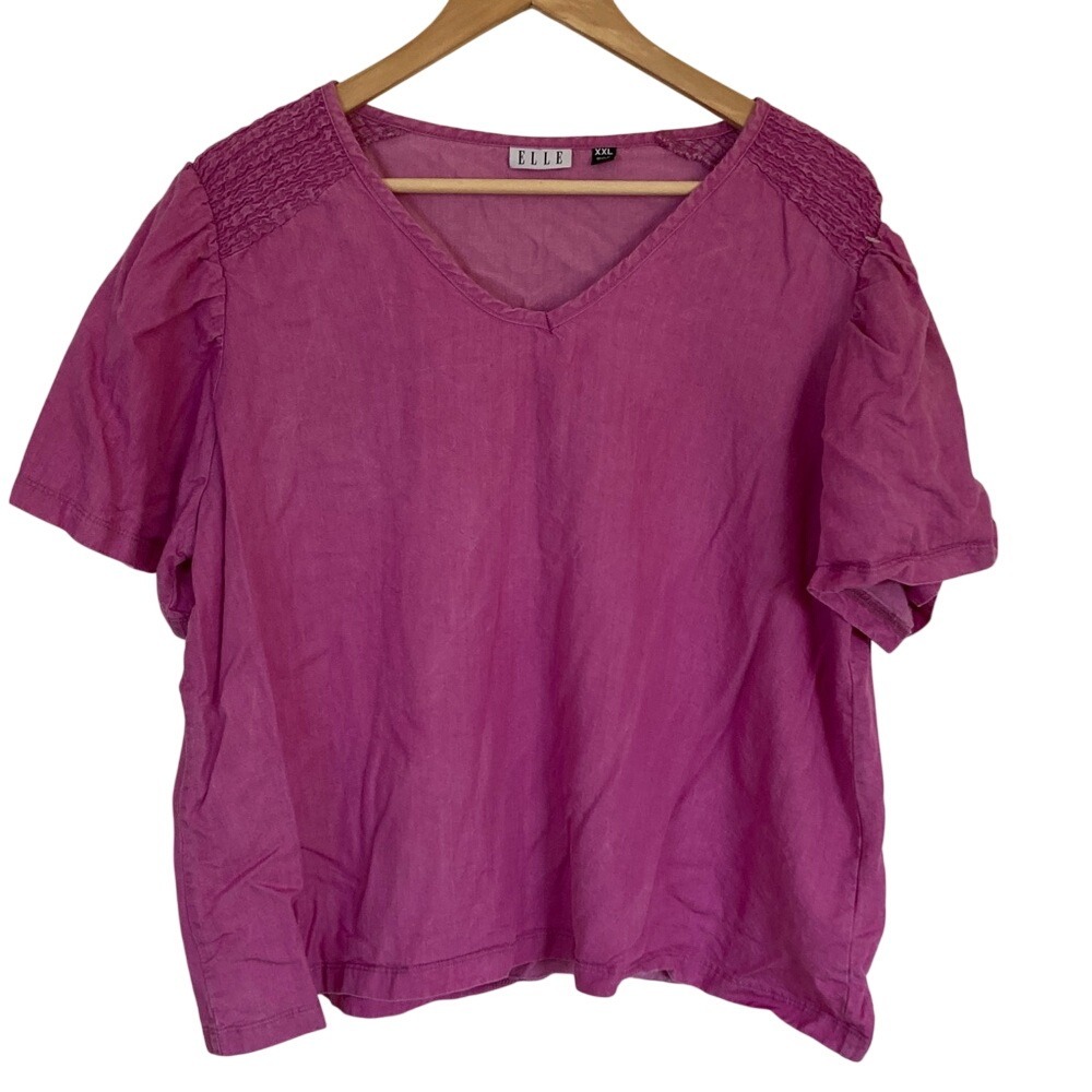 Elle Women's Pink Short Sleeve Top Blouse Size XXL V Neck Feminine Girly Soft